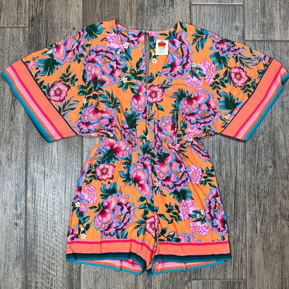 FARM Rio for Anthropologie Pants - FARM Rio for‎ Anthropologie Orange Floral Kimono Sleeve Romper Shorts Size S
